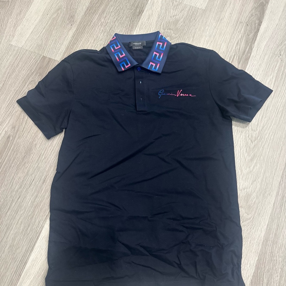 Versace Navy Polo with Patterned Collar